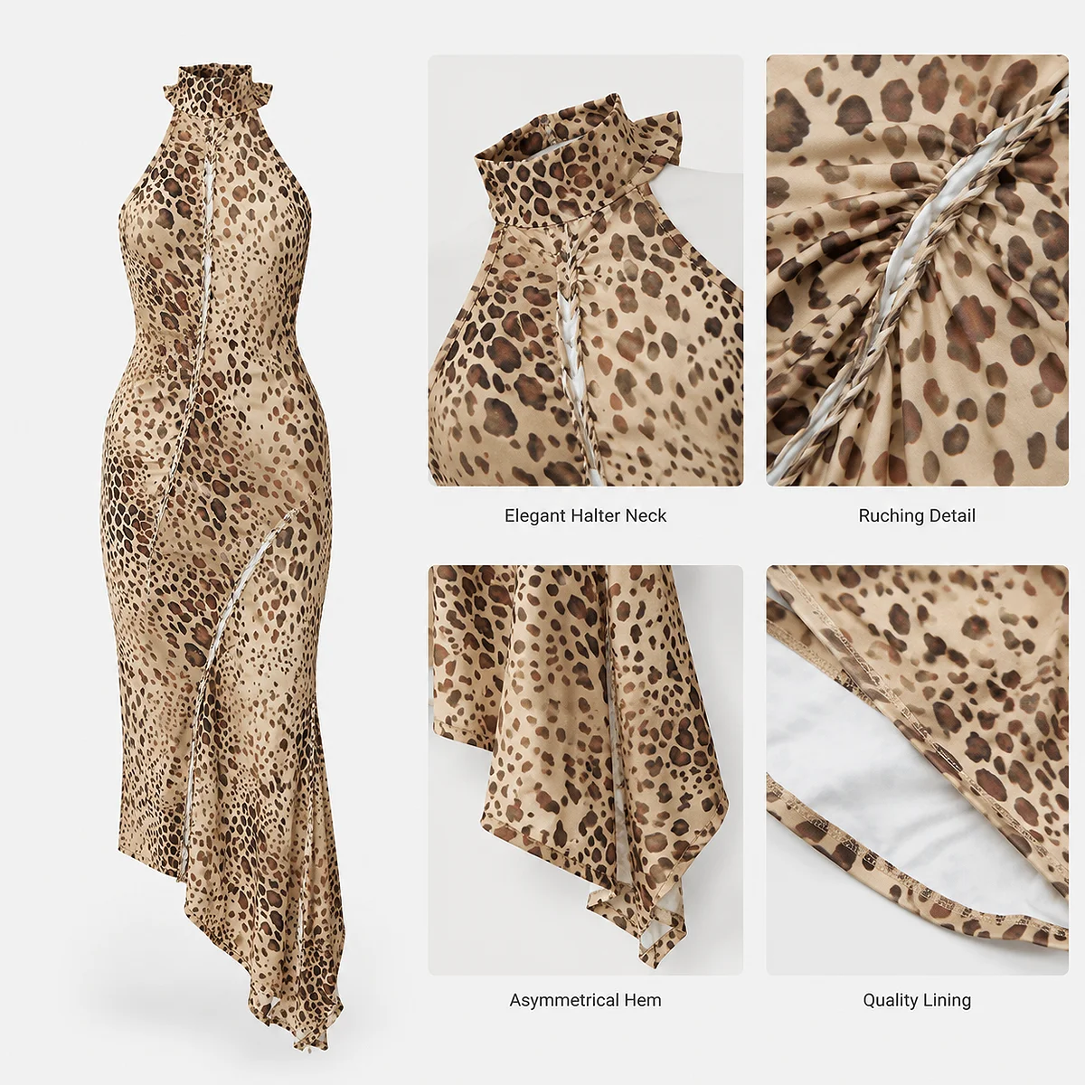 Infographic displaying fabric details of the ACUVICK Leopard Print Halter Neck Dress including ruching and asymmetrical hem