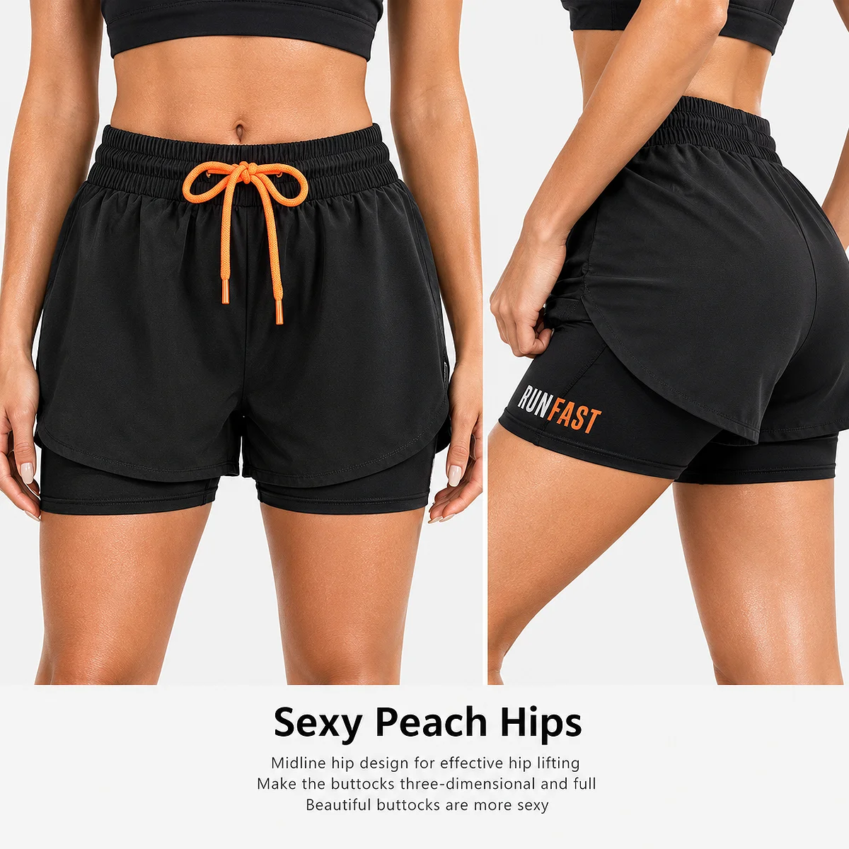 Alt: " Women’s High-Waisted Running Shorts product image – Acuvick " Split-screen view showing the front and back fit of a woman wearing black 2-in-1 women's running shorts featuring an orange drawstring and built-in compression liner.
