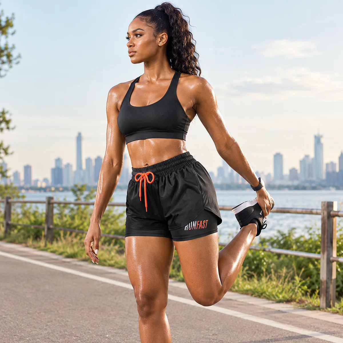 Alt: " Women’s High-Waisted Running Shorts product image – Acuvick " A woman in a black sports bra stretching her leg while wearing black 2-in-1 women's running shorts with an orange drawstring on an outdoor running track with a city skyline backdrop.