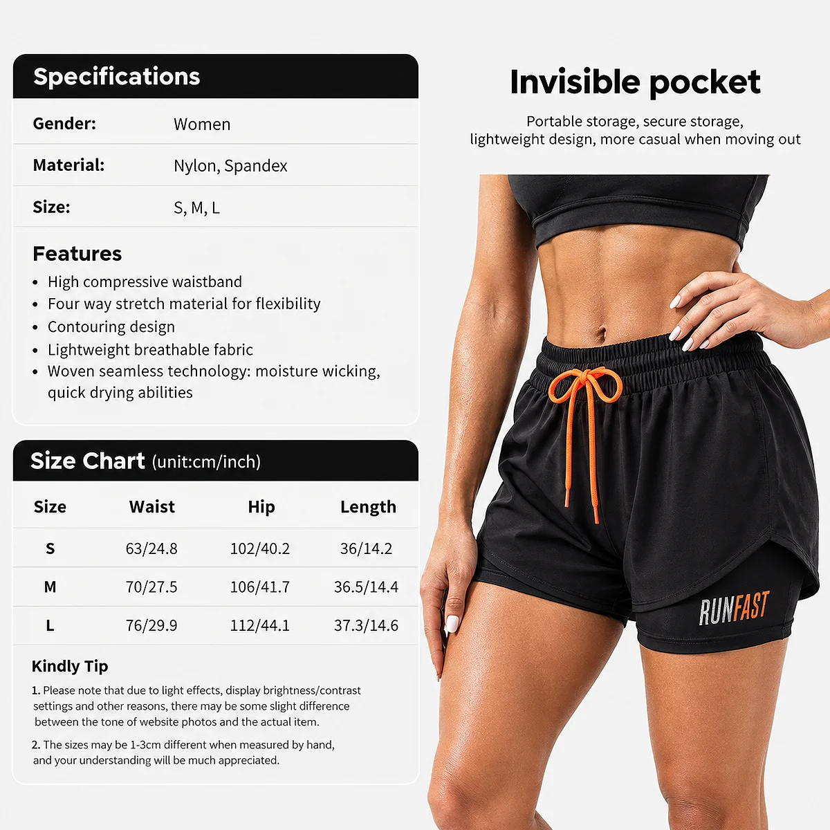 Alt: " Women’s High-Waisted Running Shorts product image – Acuvick " Infographic for women's 2-in-1 black running shorts showing a size chart for S, M, and L sizes, a specifications list, and a model highlighting the invisible pocket and orange drawstring.