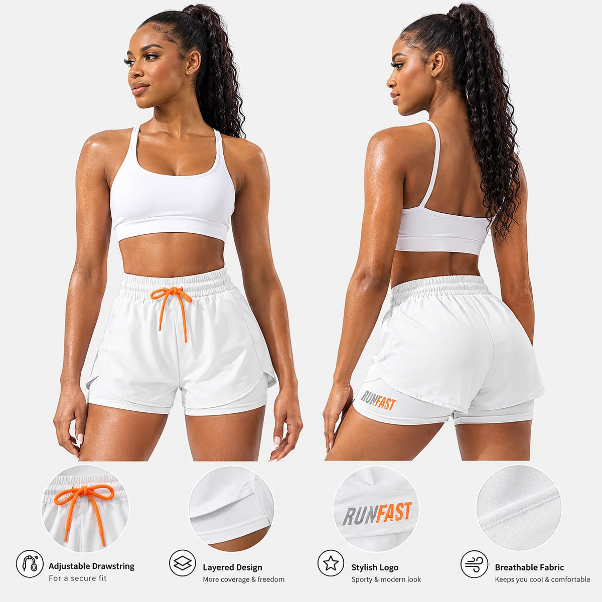 Alt: " Women’s High-Waisted Running Shorts product image – Acuvick " Infographic featuring the front and back views of a woman wearing white 2-in-1 women's running shorts, with circular close-ups highlighting the adjustable drawstring, layered design, stylish logo, and breathable fabric structure.