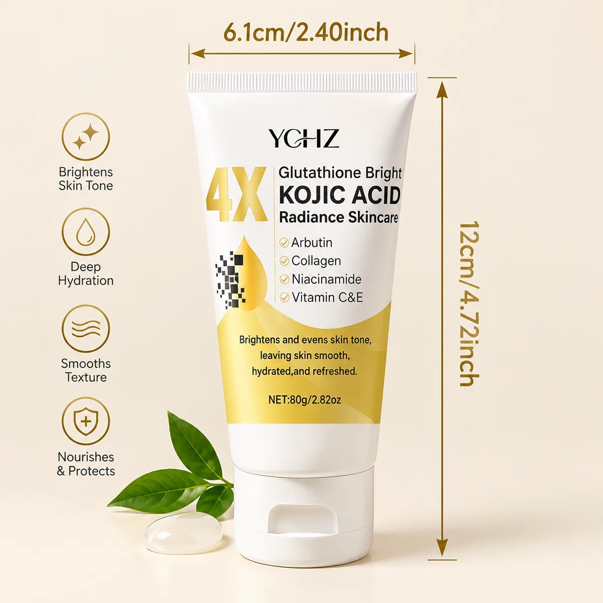 YCHZ 4X Glutathione Bright Kojic Acid Radiance Skincare cream tube showing product dimensions of 12cm by 6.1cm alongside benefits like deep hydration and brightens skin tone