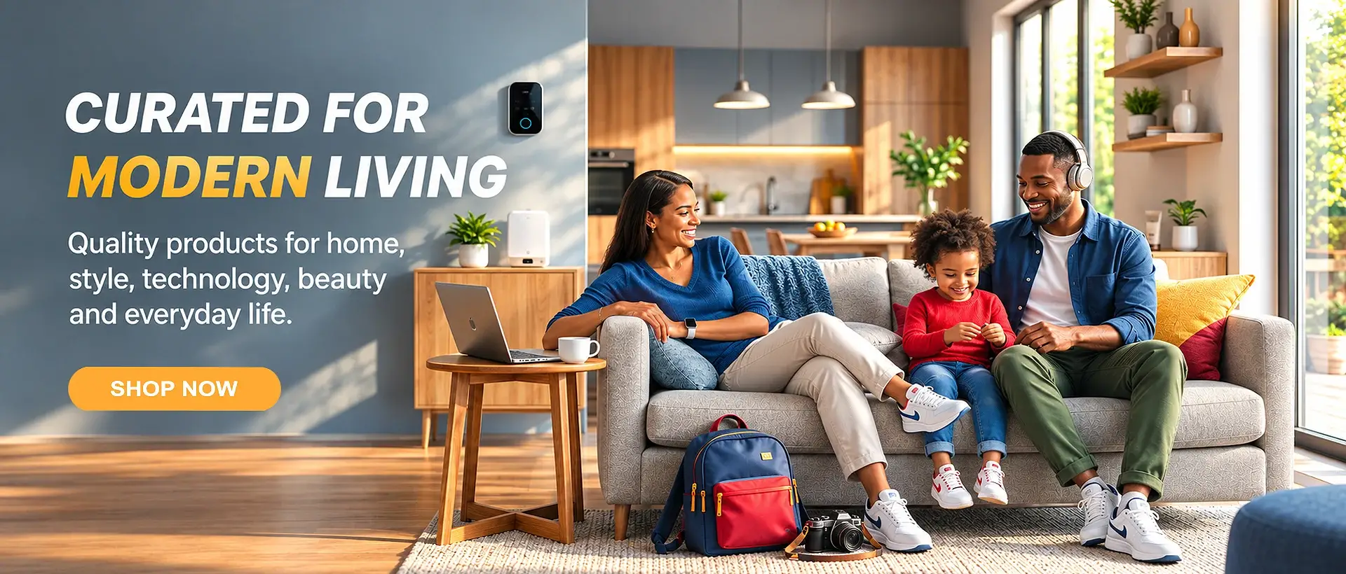 Modern tech and gadgets lifestyle image showing a young man and woman presenting smart devices in a clean, well-lit workspace