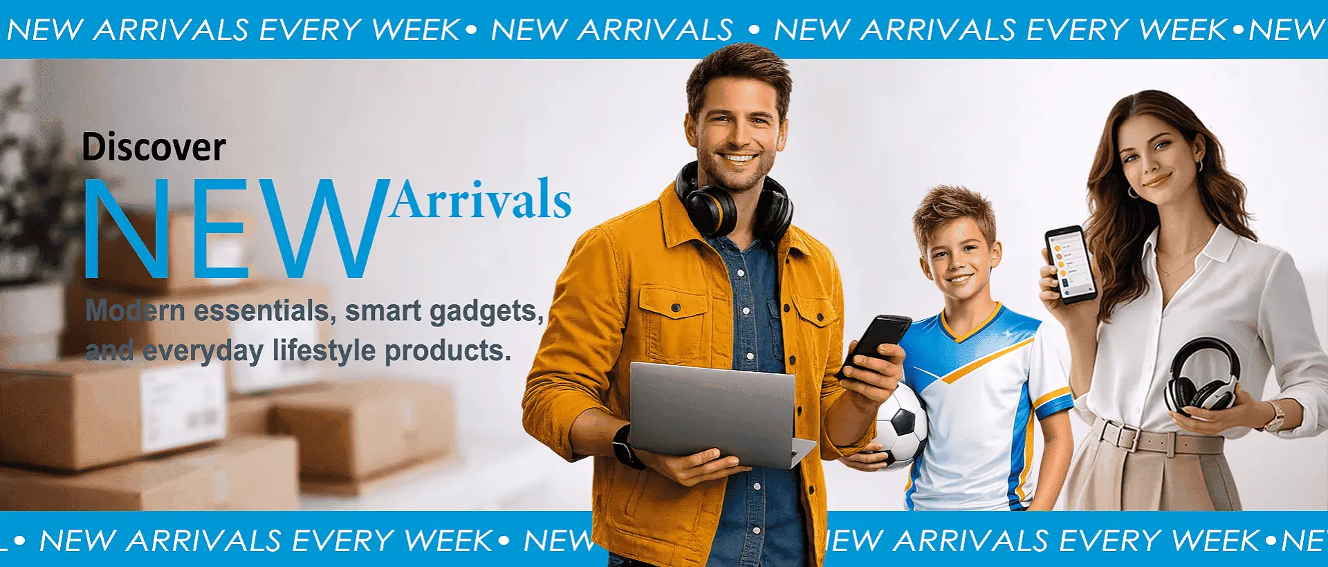 Modern tech and gadgets lifestyle image showing a young man and woman presenting smart devices in a clean, well-lit workspace