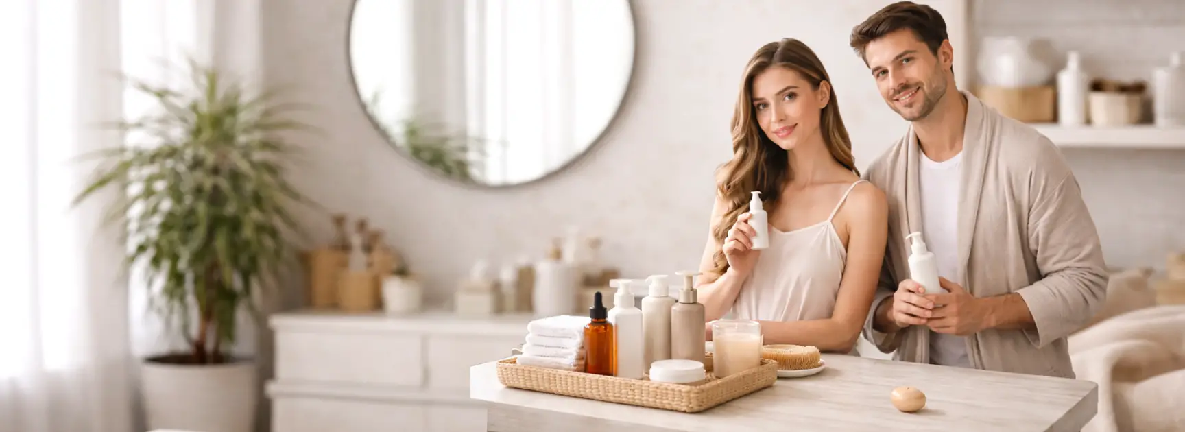 Everyday beauty and personal care products displayed in a clean, minimalist lifestyle setting