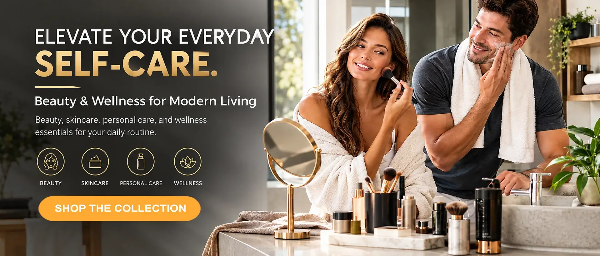 Modern tech and gadgets lifestyle image showing a young man and woman presenting smart devices in a clean, well-lit workspace