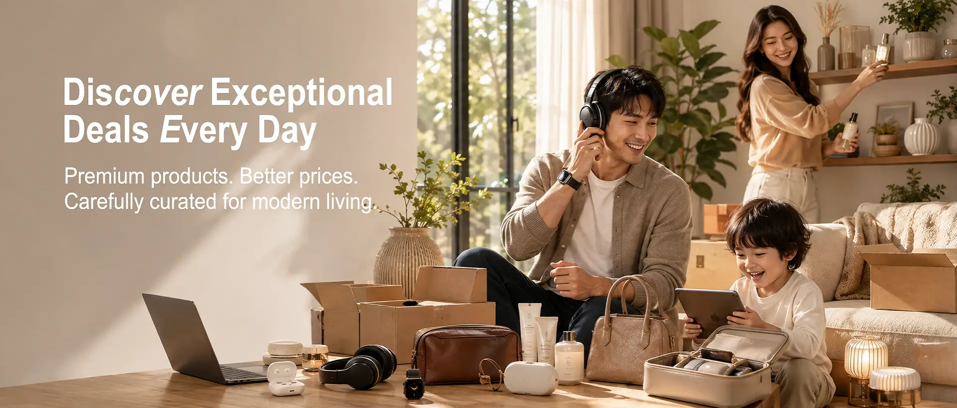 Modern tech and gadgets lifestyle image showing a young man and woman presenting smart devices in a clean, well-lit workspace