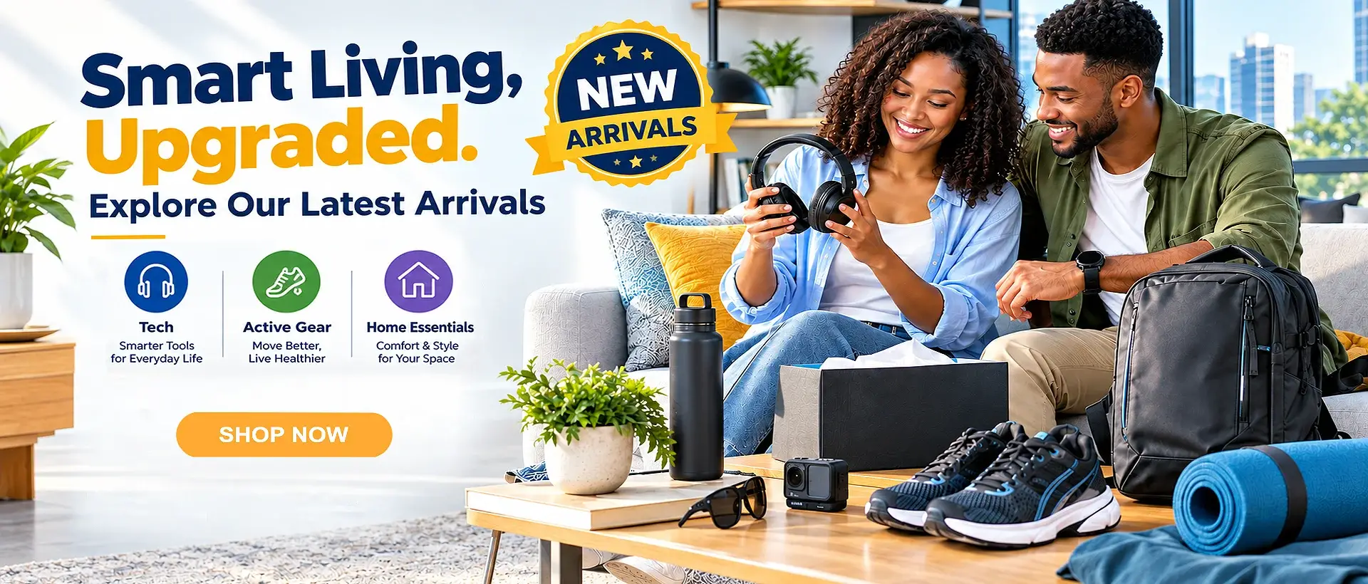 Modern tech and gadgets lifestyle image showing a young man and woman presenting smart devices in a clean, well-lit workspace