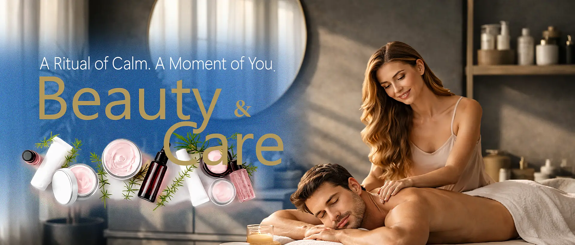 Luxury beauty care wellness collection featuring premium skincare bottles and natural ingredients arranged in a modern neutral setting
